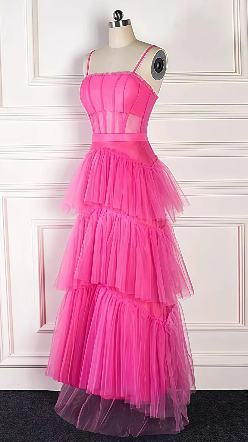 Vibrant Hot Pink Spaghetti Strap Mesh Corset Bodice Tiered Maxi Tulle A Line Long Prom Dress AD1008