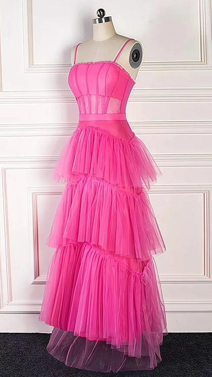 Vibrant Hot Pink Spaghetti Strap Mesh Corset Bodice Tiered Maxi Tulle A Line Long Prom Dress AD1008