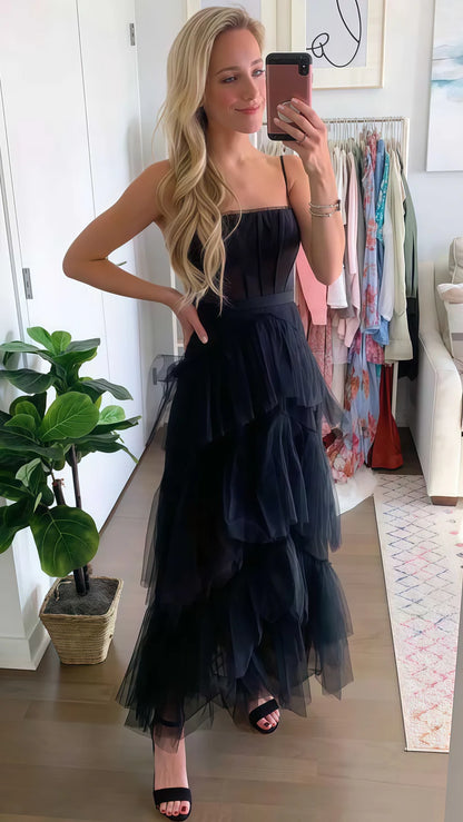 Vibrant Hot Pink Spaghetti Strap Mesh Corset Bodice Tiered Maxi Tulle A Line Long Prom Dress AD1008