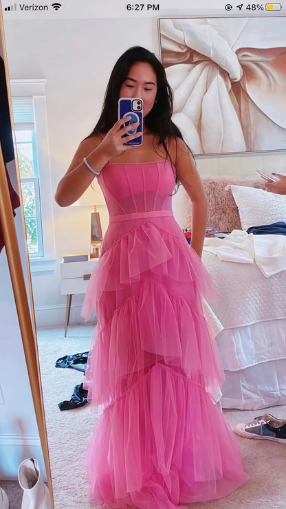 Vibrant Hot Pink Spaghetti Strap Mesh Corset Bodice Tiered Maxi Tulle A Line Long Prom Dress AD1008