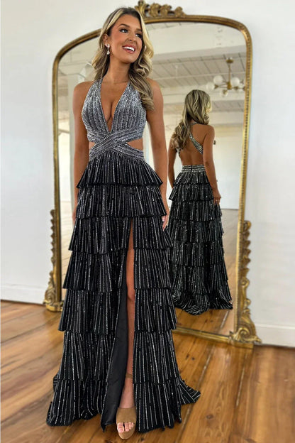 Glamorous Red Sparkly Beaded Halter Prom Dress With Layered Ruffles AD101