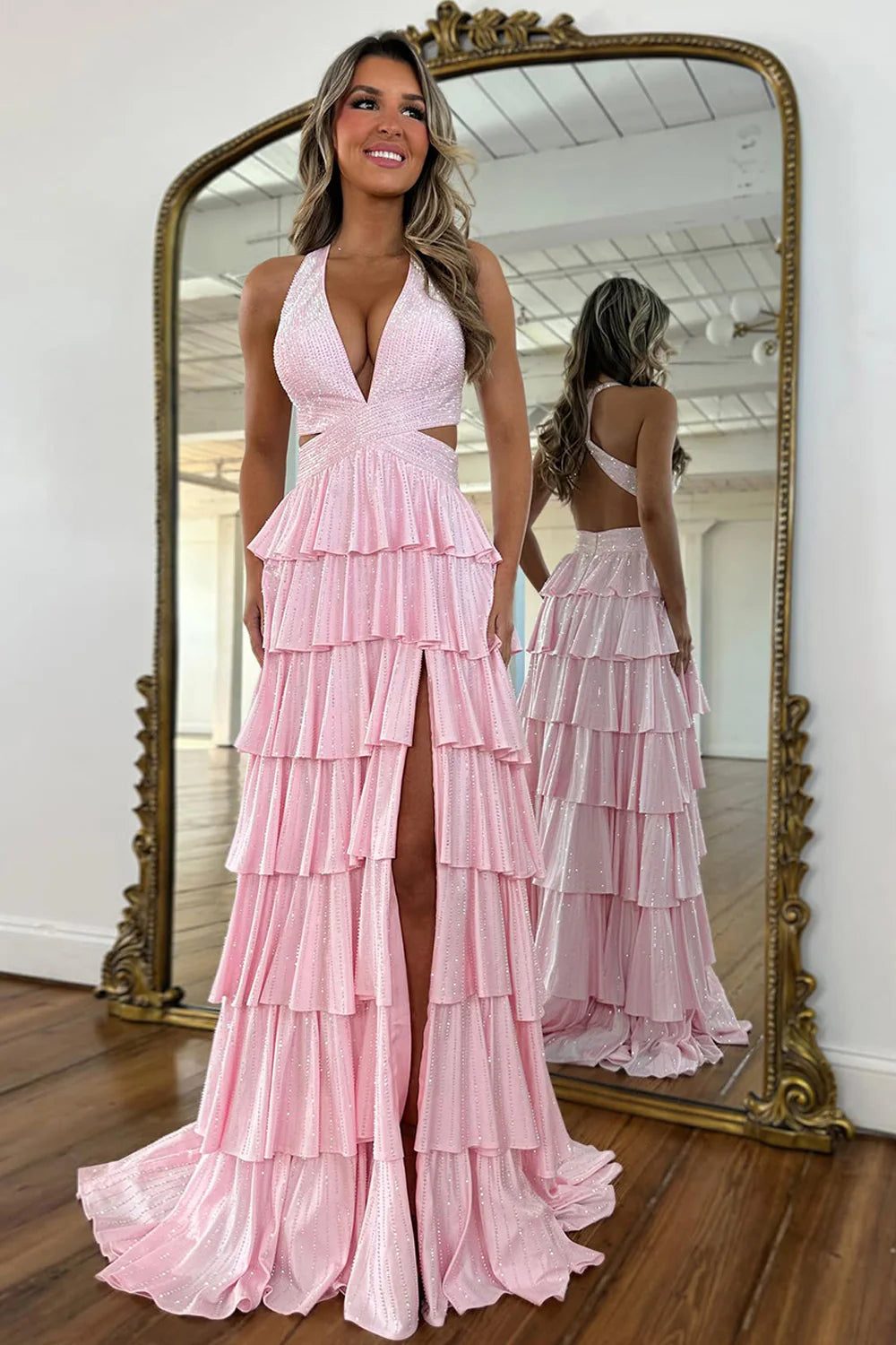 Glamorous Red Sparkly Beaded Halter Prom Dress With Layered Ruffles AD101