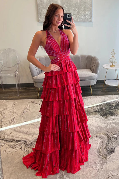 Glamorous Red Sparkly Beaded Halter Prom Dress With Layered Ruffles AD101