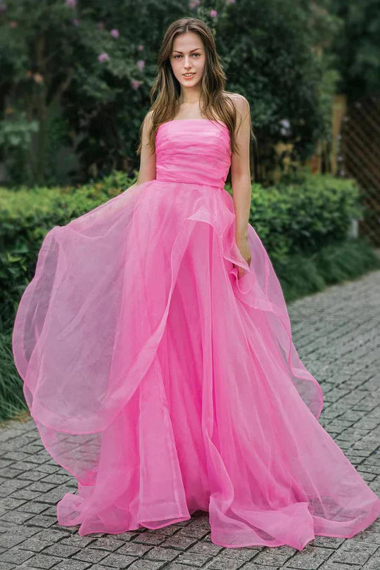 Vibrant Hot Pink Strapless A-Line Ruffles Tulle Long Prom Dress AD1010