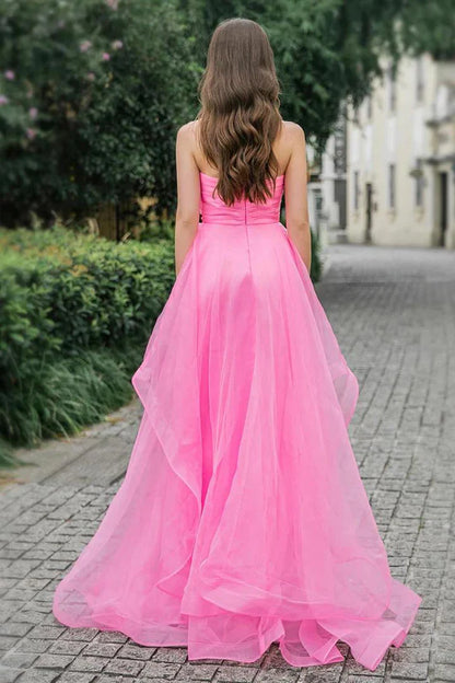 Vibrant Hot Pink Strapless A-Line Ruffles Tulle Long Prom Dress AD1010