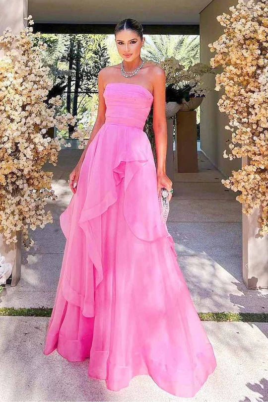Vibrant Hot Pink Strapless A-Line Ruffles Tulle Long Prom Dress AD1010
