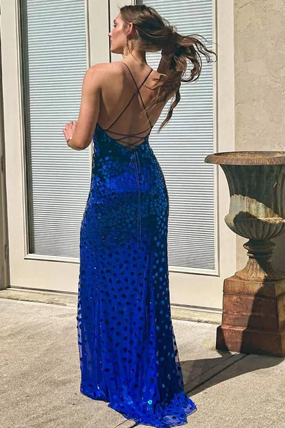 Luxury Elaborate Handmade Royal Blue Spaghetti Straps V Neck Mirror-Cut Sequins Mermaid Long Prom Dress With High Slit AD1011