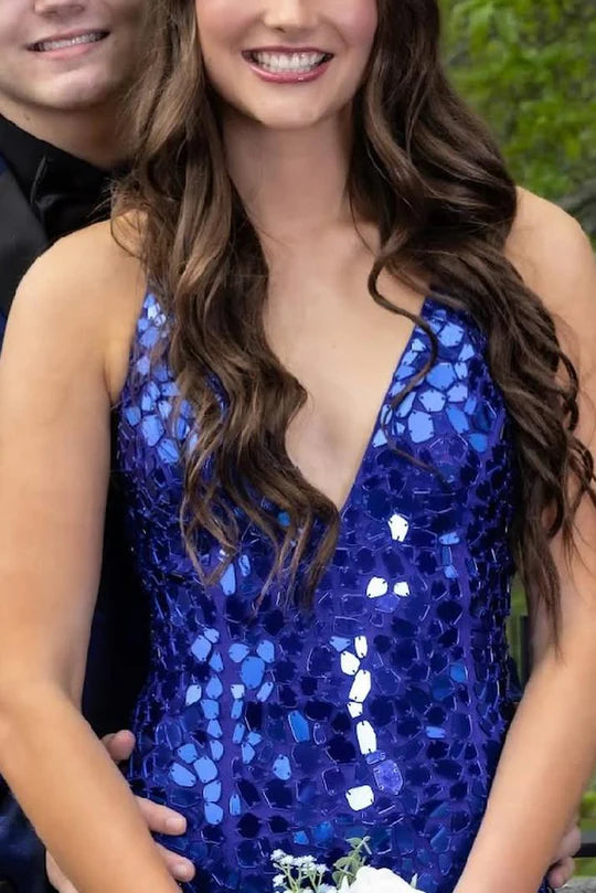 Luxury Elaborate Handmade Royal Blue Spaghetti Straps V Neck Mirror-Cut Sequins Mermaid Long Prom Dress With High Slit AD1011