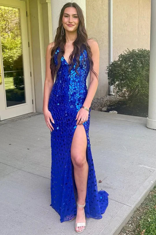 Luxury Elaborate Handmade Royal Blue Spaghetti Straps V Neck Mirror-Cut Sequins Mermaid Long Prom Dress With High Slit AD1011