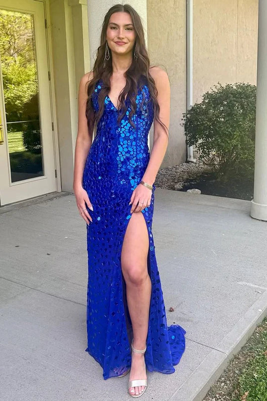 Luxury Elaborate Handmade Royal Blue Spaghetti Straps V Neck Mirror-Cut Sequins Mermaid Long Prom Dress With High Slit AD1011