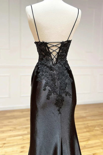 Hot Sale Luxurious Black Floral Appliques V-Neck Spaghetti Straps Satin High Thigh Slit Mermaid Long Prom Dress AD1014