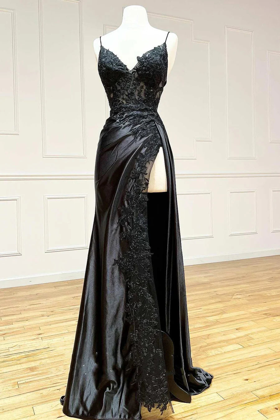 Hot Sale Luxurious Black Floral Appliques V-Neck Spaghetti Straps Satin High Thigh Slit Mermaid Long Prom Dress AD1014