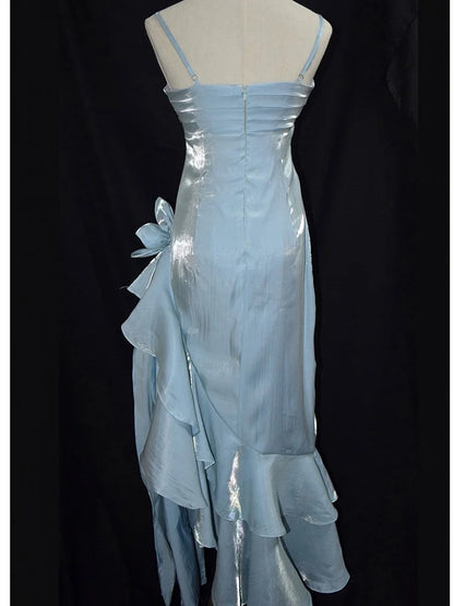Shimmer Light Blue Spaghetti Strap Ruched Waist Side 3D Flower Asymmetrical Ruffle Tiered Hem Long Mermaid Prom Dress AD1015