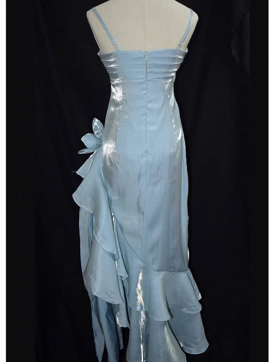 Shimmer Light Blue Spaghetti Strap Ruched Waist Side 3D Flower Asymmetrical Ruffle Tiered Hem Long Mermaid Prom Dress AD1015