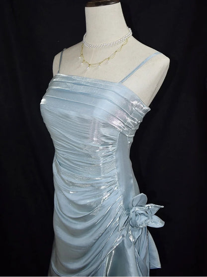 Shimmer Light Blue Spaghetti Strap Ruched Waist Side 3D Flower Asymmetrical Ruffle Tiered Hem Long Mermaid Prom Dress AD1015