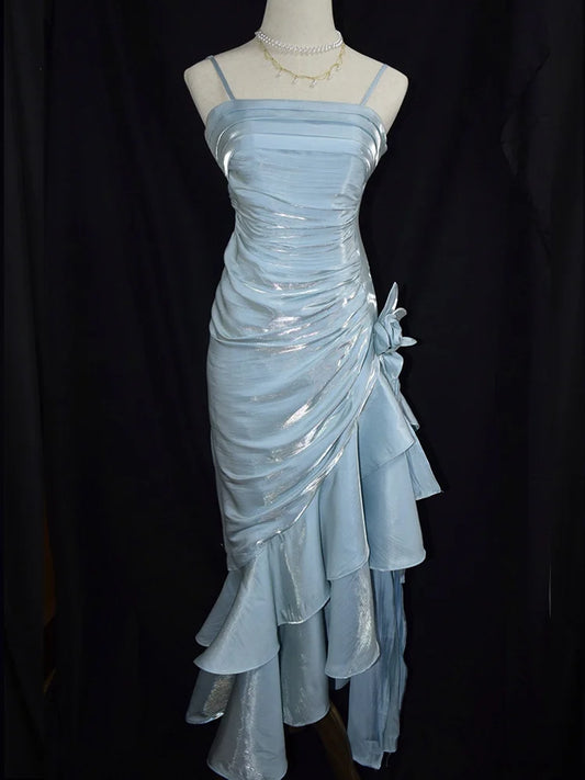Shimmer Light Blue Spaghetti Strap Ruched Waist Side 3D Flower Asymmetrical Ruffle Tiered Hem Long Mermaid Prom Dress AD1015