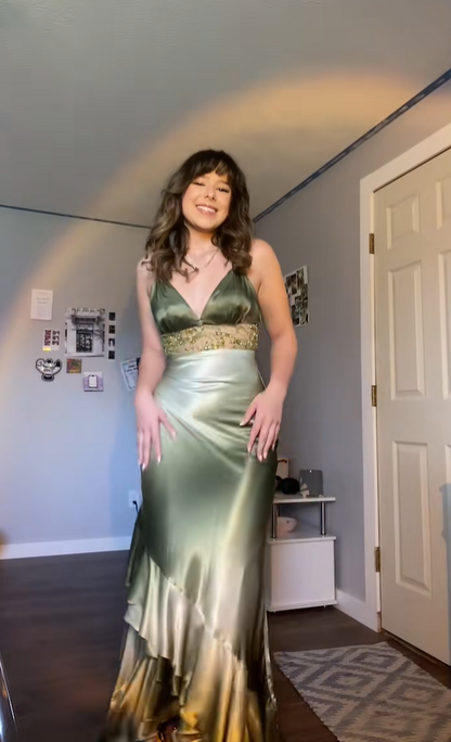Viral Elegant Gradient Olive Green Tie Strap Deep V Neck Rhinestone Beaded Mesh Waist Satin Uneven Ruffle Hem Mermaid Long Prom Dress AD1016