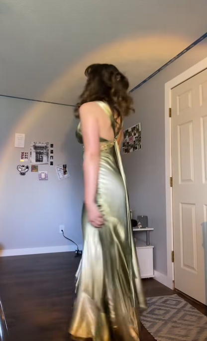 Viral Elegant Gradient Olive Green Tie Strap Deep V Neck Rhinestone Beaded Mesh Waist Satin Uneven Ruffle Hem Mermaid Long Prom Dress AD1016