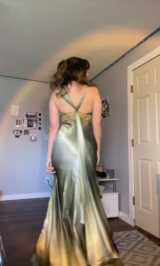 Viral Elegant Gradient Olive Green Tie Strap Deep V Neck Rhinestone Beaded Mesh Waist Satin Uneven Ruffle Hem Mermaid Long Prom Dress AD1016