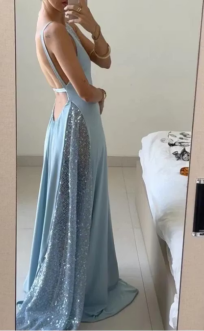 Elegant Light Blue Strap Mesh Sequin Inset V Neck Side Mesh Sequin Backless A Line Long Prom Dress AD1017