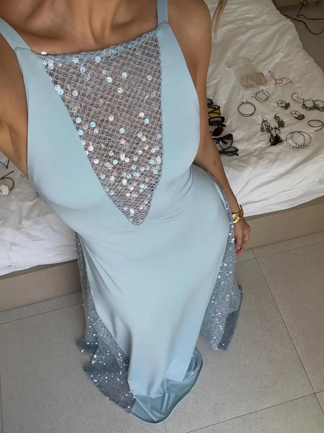 Elegant Light Blue Strap Mesh Sequin Inset V Neck Side Mesh Sequin Backless A Line Long Prom Dress AD1017