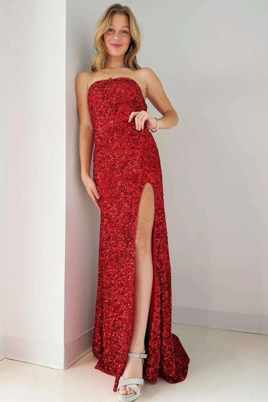 Shiny Gold Strapless Sequin High Slit Long Mermaid Prom Dress AD1018