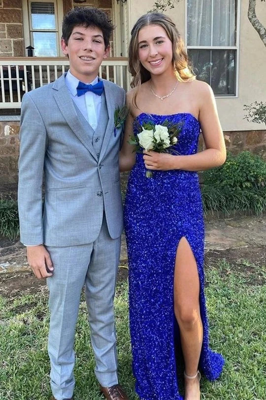Shiny Gold Strapless Sequin High Slit Long Mermaid Prom Dress AD1018