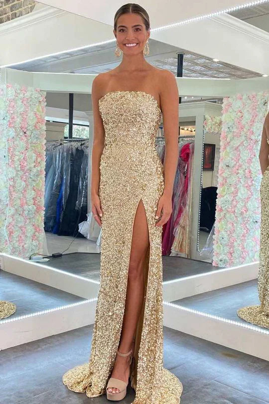 Shiny Gold Strapless Sequin High Slit Long Mermaid Prom Dress AD1018