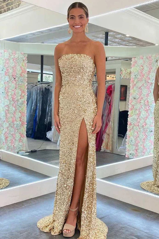 Shiny Gold Strapless Sequin High Slit Long Mermaid Prom Dress AD1018