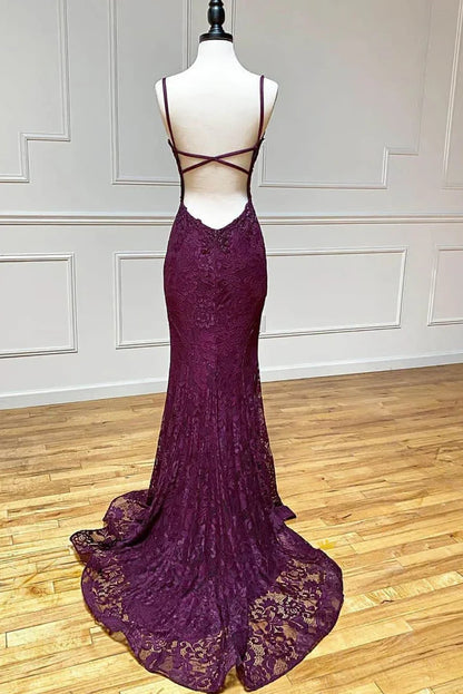 Chic Plum Purple Spaghetti Strap Deep V Floral Lace Applique Long Mermaid Prom Dress AD1019