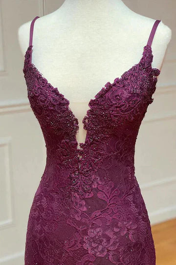 Chic Plum Purple Spaghetti Strap Deep V Floral Lace Applique Long Mermaid Prom Dress AD1019