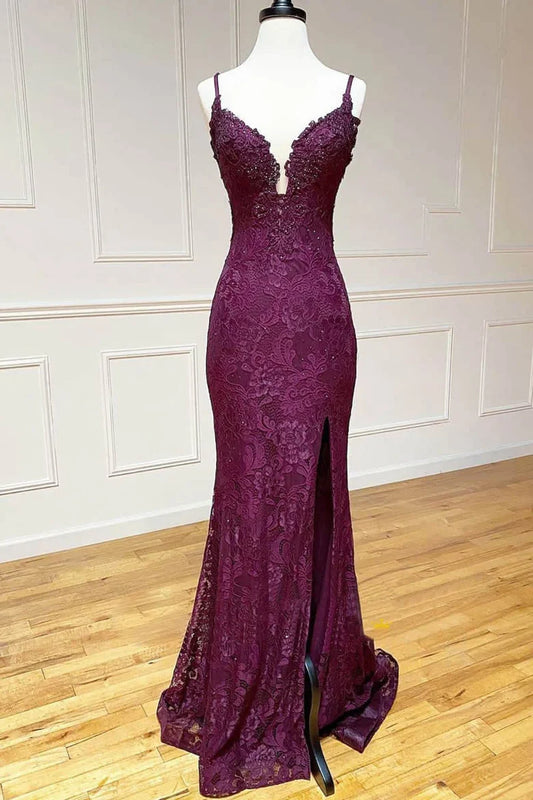 Chic Plum Purple Spaghetti Strap Deep V Floral Lace Applique Long Mermaid Prom Dress AD1019