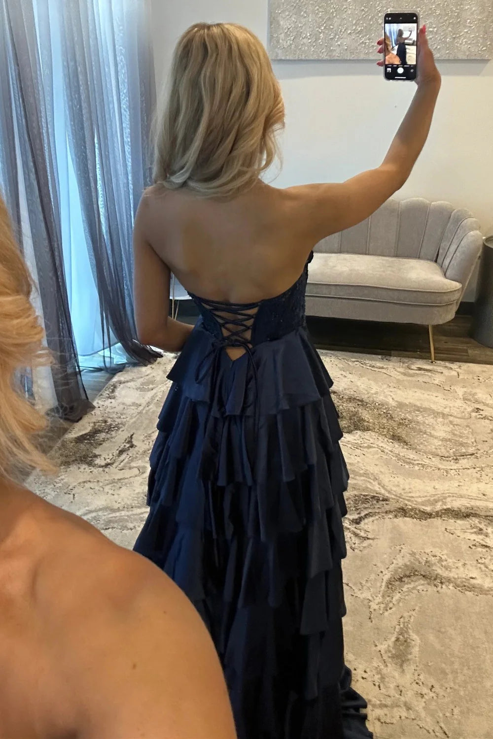 Classic Navy Blue A-Line Sweetheart Corset Prom Dress With Tiered Skirt AD102