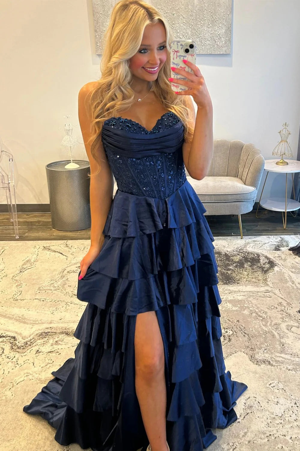 Classic Navy Blue A-Line Sweetheart Corset Prom Dress With Tiered Skirt AD102