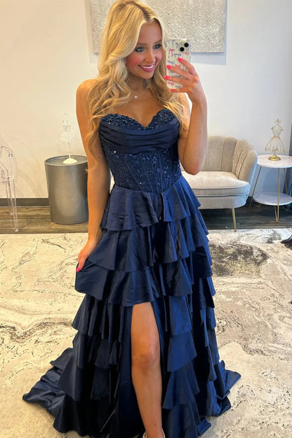 Classic Navy Blue A-Line Sweetheart Corset Prom Dress With Tiered Skirt AD102