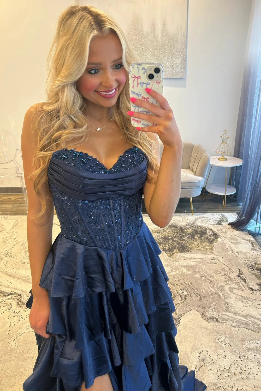 Classic Navy Blue A-Line Sweetheart Corset Prom Dress With Tiered Skirt AD102