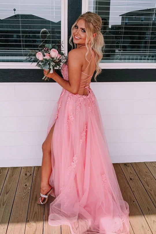Hot Sale Romantic Pink Spaghetti Strap Floral Lace Appliques Tulle A-Line Long Prom Dress AD1020