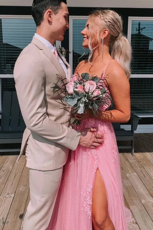 Hot Sale Romantic Pink Spaghetti Strap Floral Lace Appliques Tulle A-Line Long Prom Dress AD1020