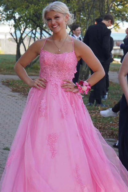 Hot Sale Romantic Pink Spaghetti Strap Floral Lace Appliques Tulle A-Line Long Prom Dress AD1020