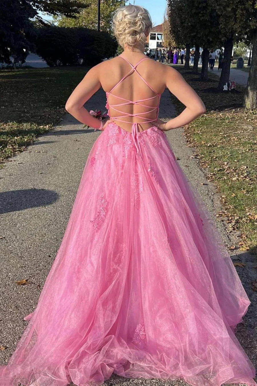 Hot Sale Romantic Pink Spaghetti Strap Floral Lace Appliques Tulle A-Line Long Prom Dress AD1020