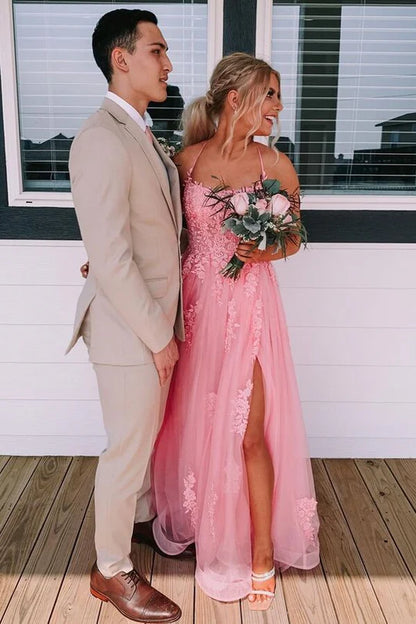 Hot Sale Romantic Pink Spaghetti Strap Floral Lace Appliques Tulle A-Line Long Prom Dress AD1020