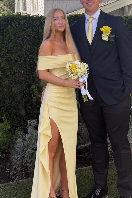 Hot Sale Pink Off Shoulder Satin Runched Ruffle High Thigh Slit Mermaid Long Prom Dress AD1021