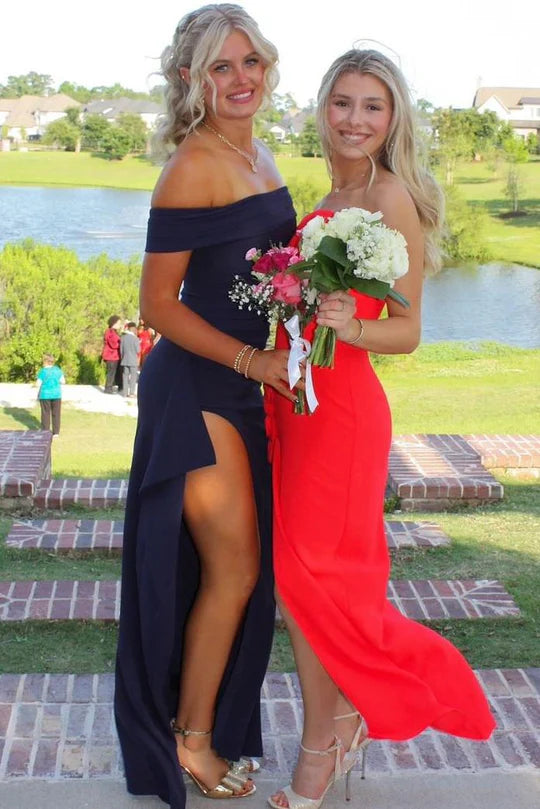 Hot Sale Pink Off Shoulder Satin Runched Ruffle High Thigh Slit Mermaid Long Prom Dress AD1021