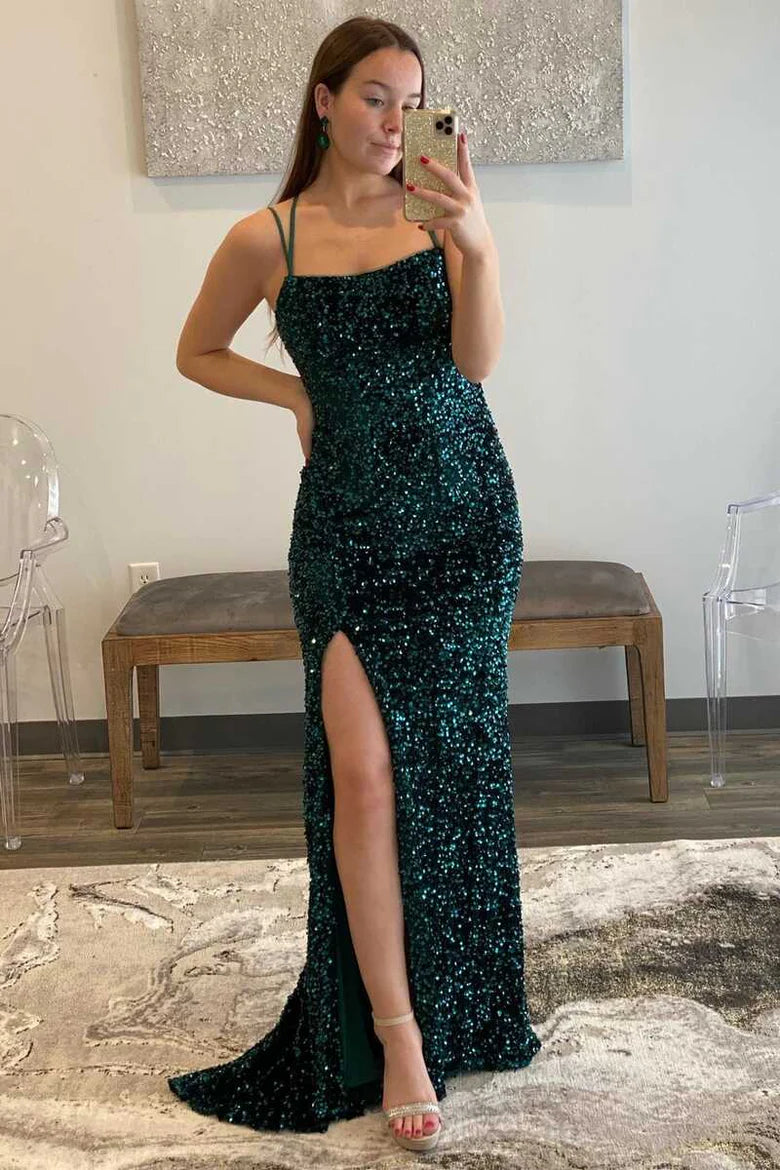 Hot Sale Fuchsia Spaghetti Straps Full Sequin Mermaid Long Prom Dress With High Slit AD1022
