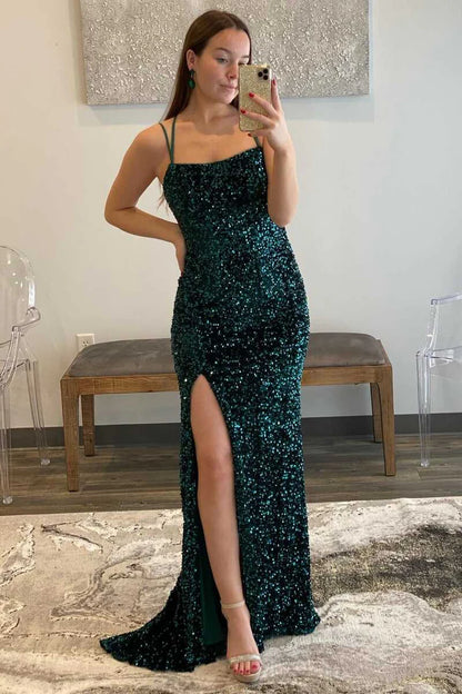 Hot Sale Fuchsia Spaghetti Straps Full Sequin Mermaid Long Prom Dress With High Slit AD1022