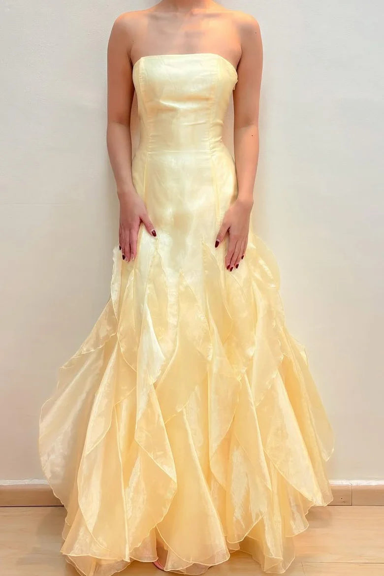 Chic Yellow Strapless Multi-Layer Ruffle Mermaid Long Prom Dress AD1023