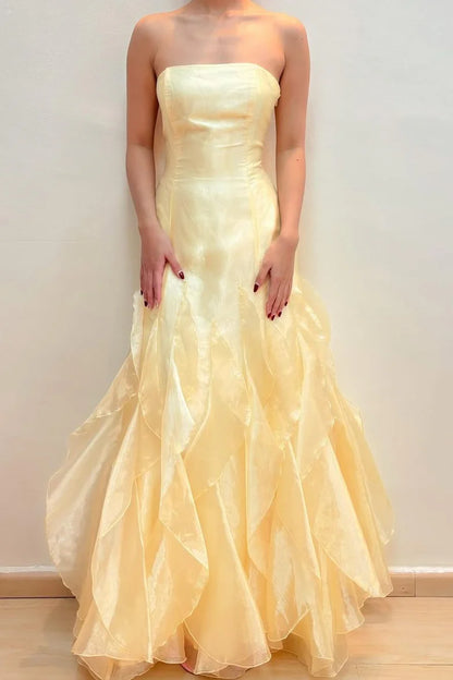 Chic Yellow Strapless Multi-Layer Ruffle Mermaid Long Prom Dress AD1023