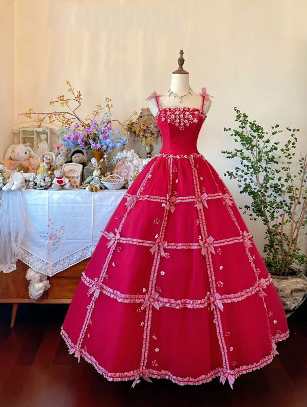 Vintage Lovely Vivid Red Spaghetti Straps Floral Beaded Grid Ribbon Bows Ball Gown A Line Long Prom Dress AD1024