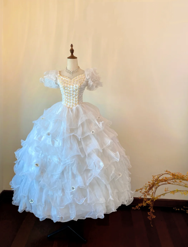Elegant White Puff Short Sleeve Sweetheart Gold Beaded Bodice Multi-Layer Ruffle Long A Line Ball Gown Prom Dress AD1025