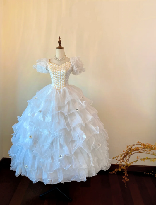 Elegant White Puff Short Sleeve Sweetheart Gold Beaded Bodice Multi-Layer Ruffle Long A Line Ball Gown Prom Dress AD1025